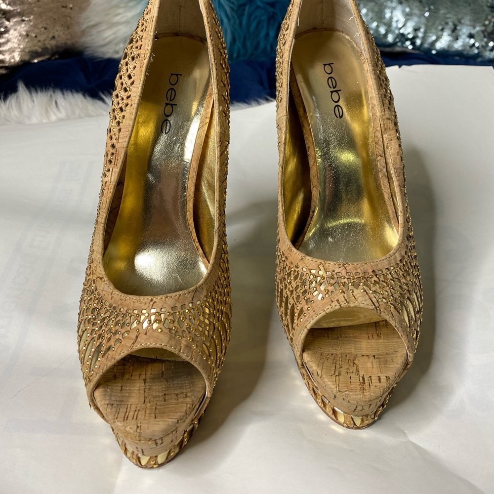 Gold wooden platform heels